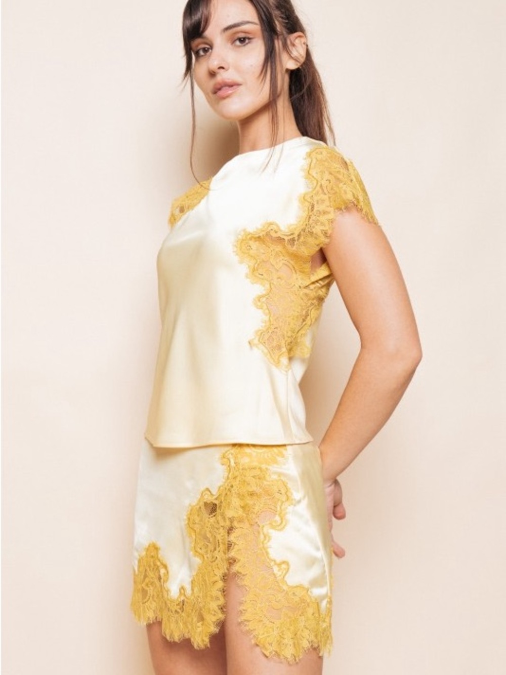 Summer skirt set- Satin lace trim gold